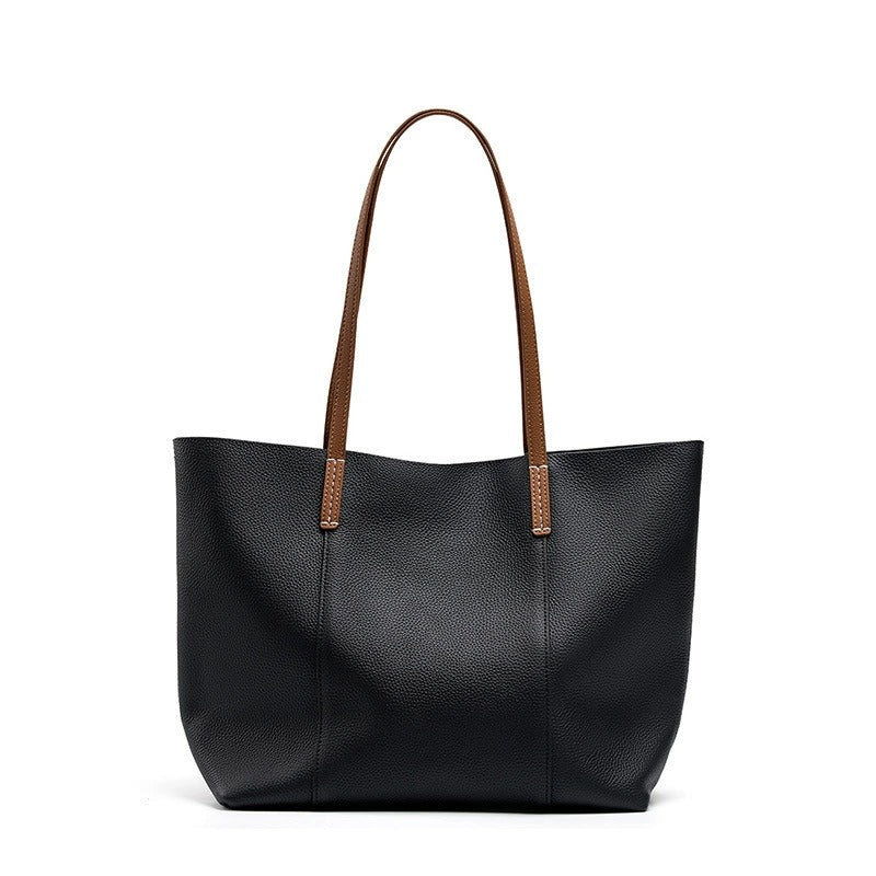 black Genuine Leather Soft Minimalist Tote Bag