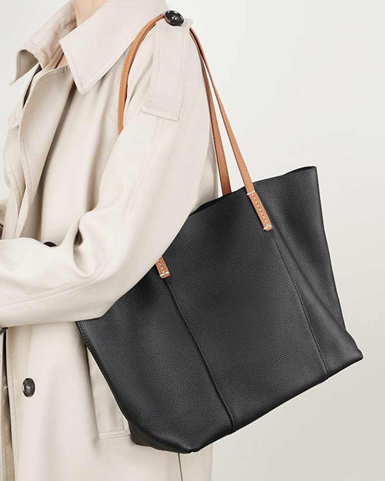 women black Genuine Leather Minimalist Tote Bag