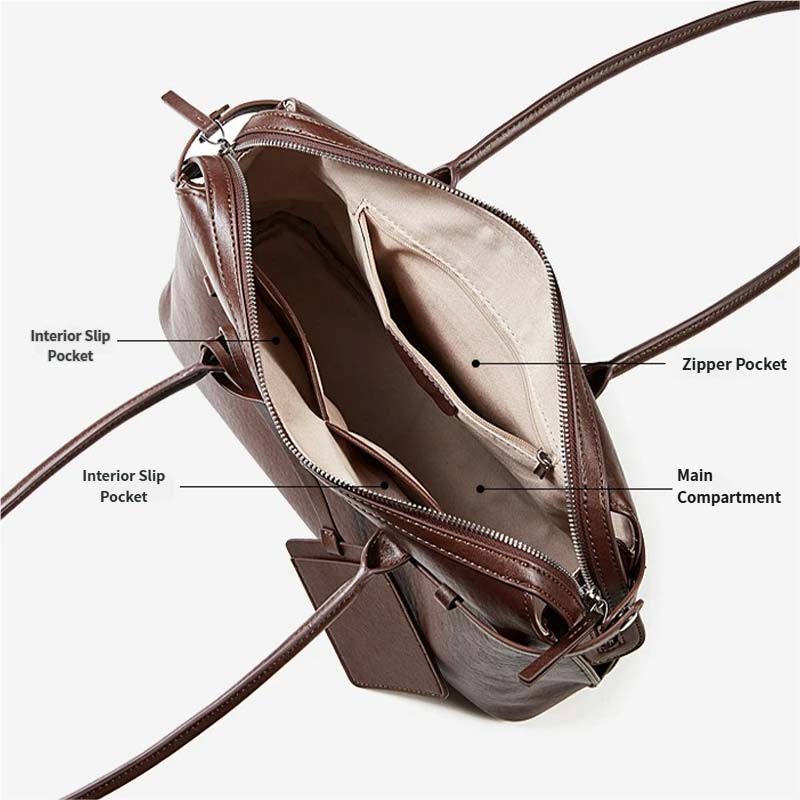 Brown leather handbag with labeled compartments