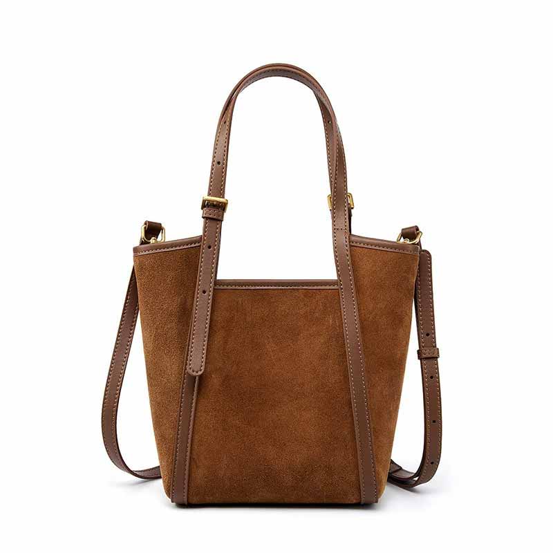 caramel Genuine Leather & Suede Bucket Bag
