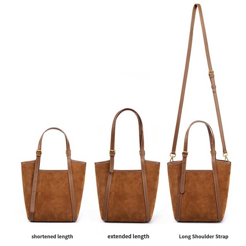 Three caramel suede handbags with different strap lengths