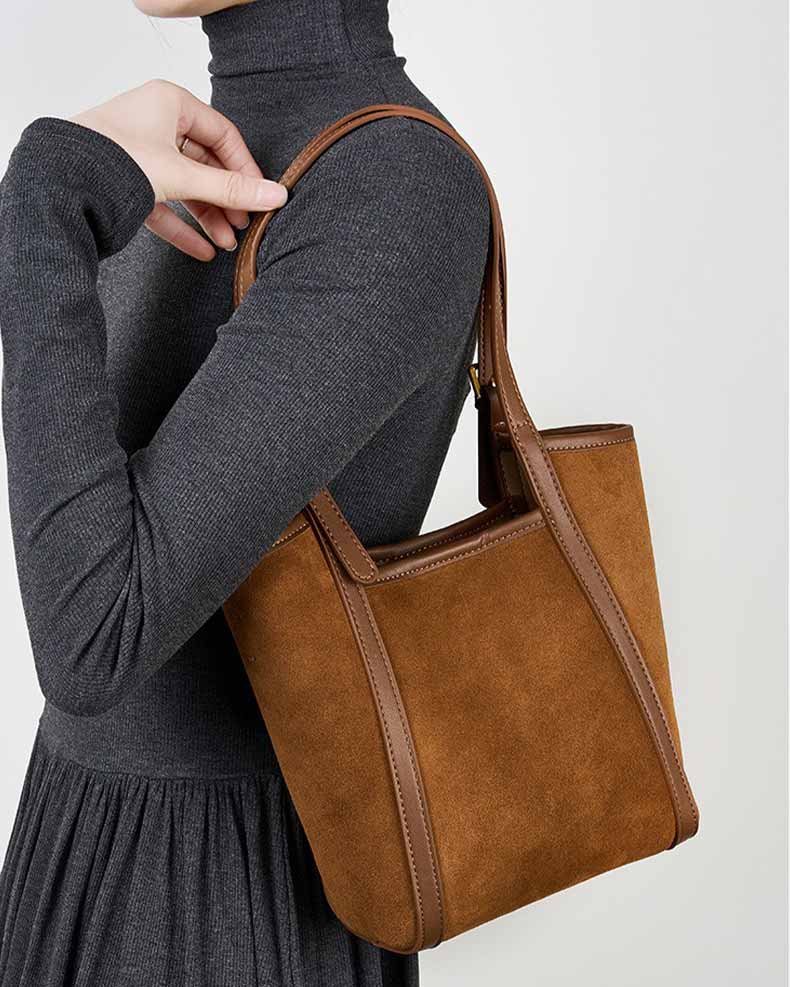 women caramel Genuine Leather & Suede Bucket Bag