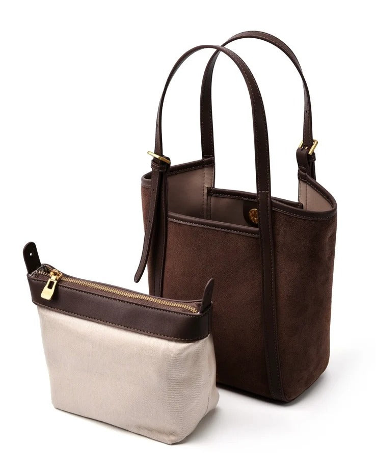 coffee Suede handbag with beige pouch