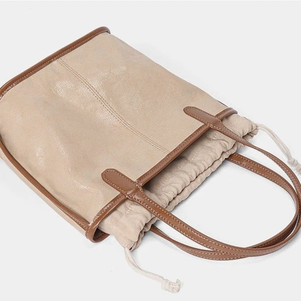 apricot leather bag with brown drawstring