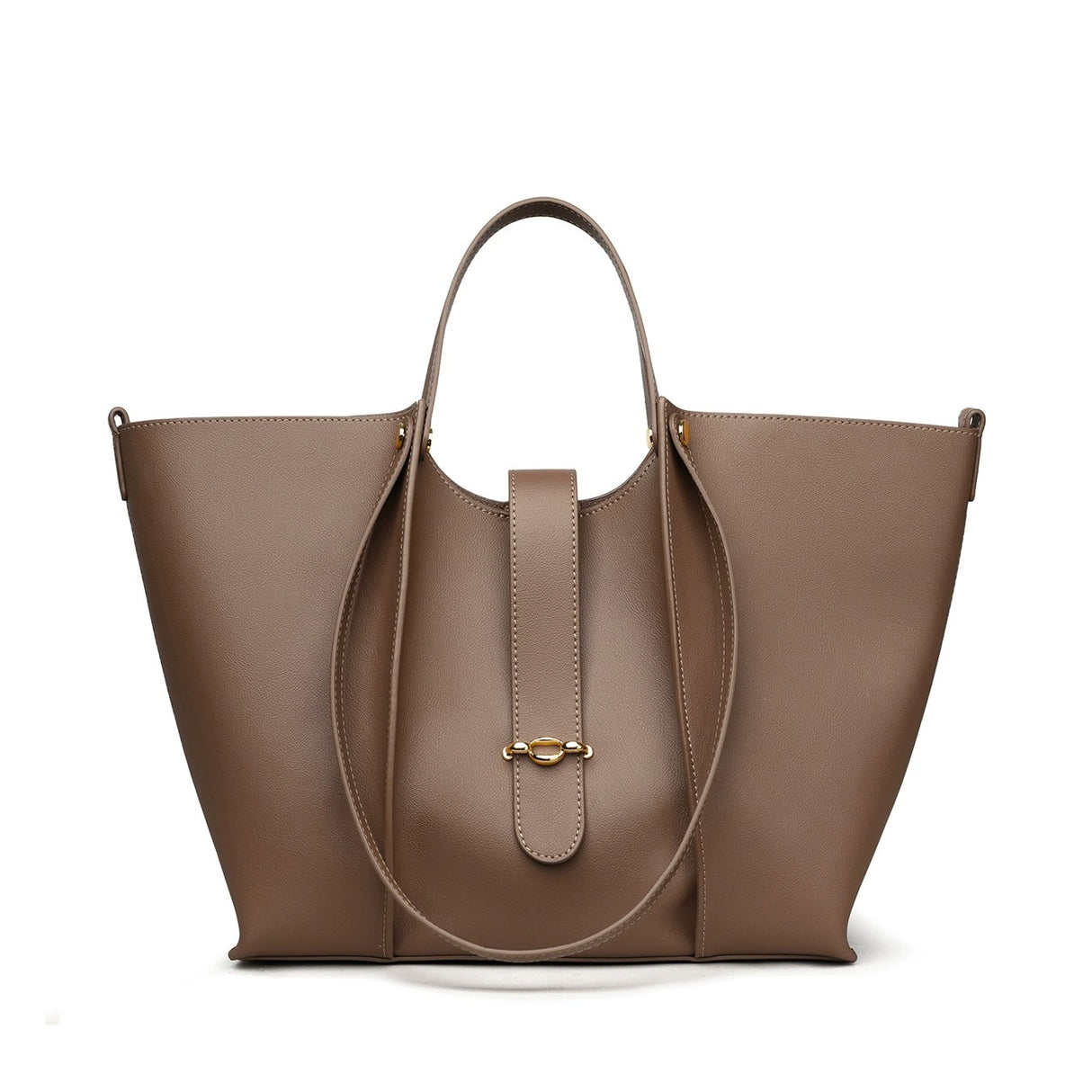 coffee Genuine Leather Work Tote with Strap Closure