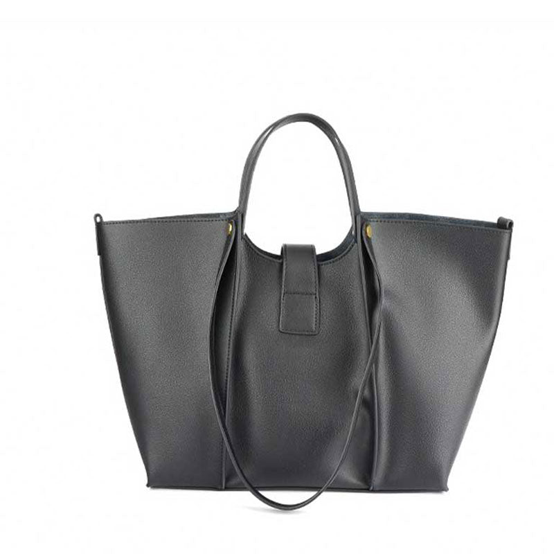 Women's black Genuine Leather Work Tote with Strap Closure back