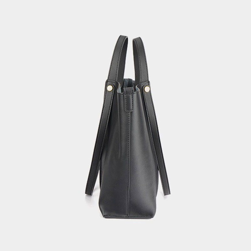 Women's black Genuine Leather Work Tote with Strap Closure side view