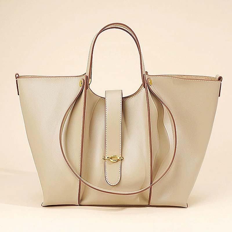 apricot Genuine Leather Work Tote with Strap Closure