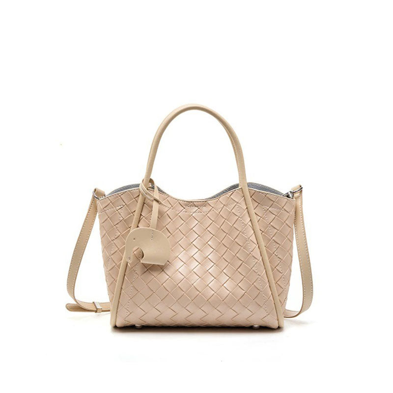 beige Genuine Leather Woven Bucket Tote Bag