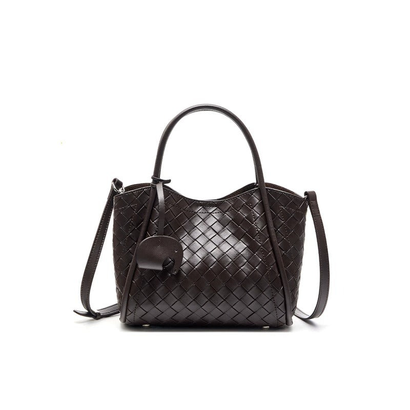 Coffee Genuine Leather Woven Bucket Tote Bag
