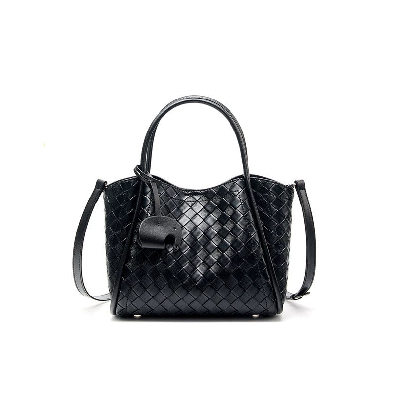 Black Genuine Leather Woven Bucket Tote Bag
