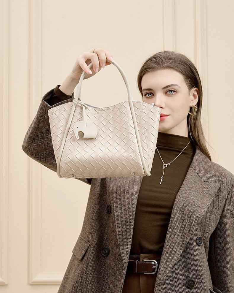 Women's beige Genuine Leather Woven Bucket Tote Bag