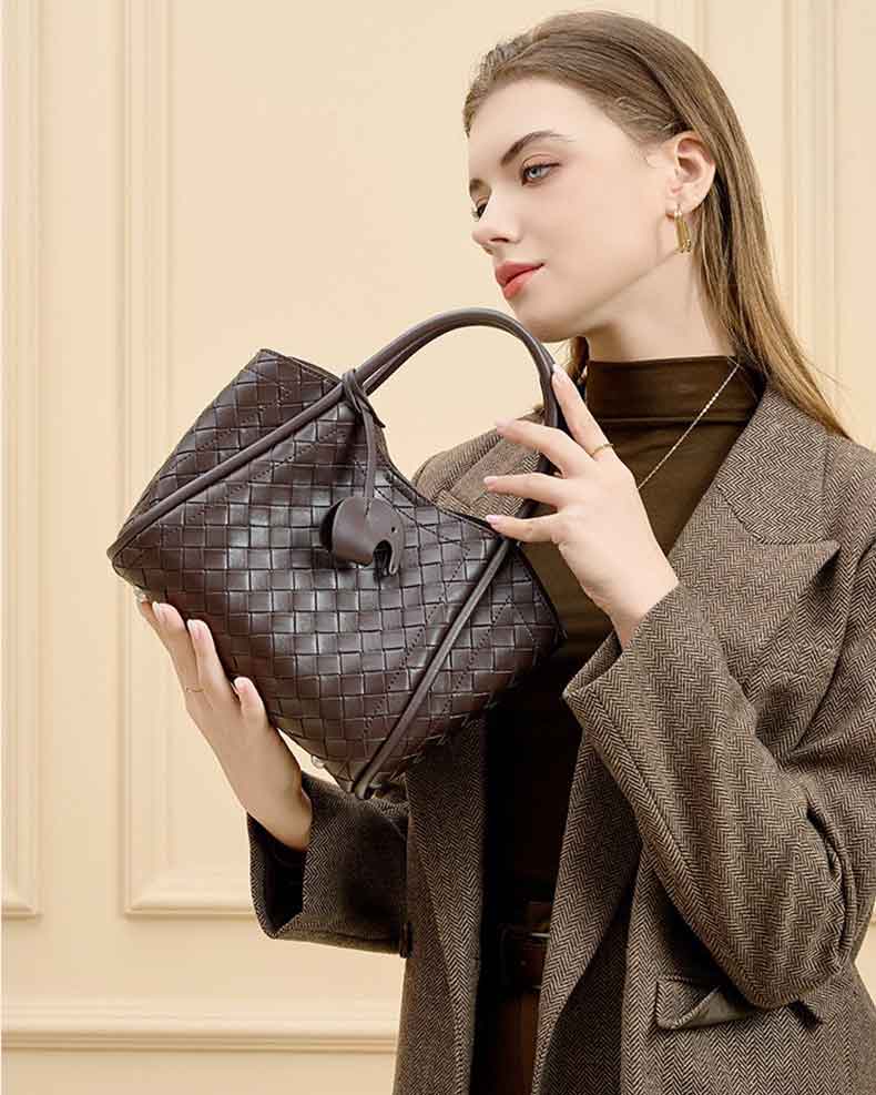 Women's coffee Genuine Leather Woven Bucket Tote Bag