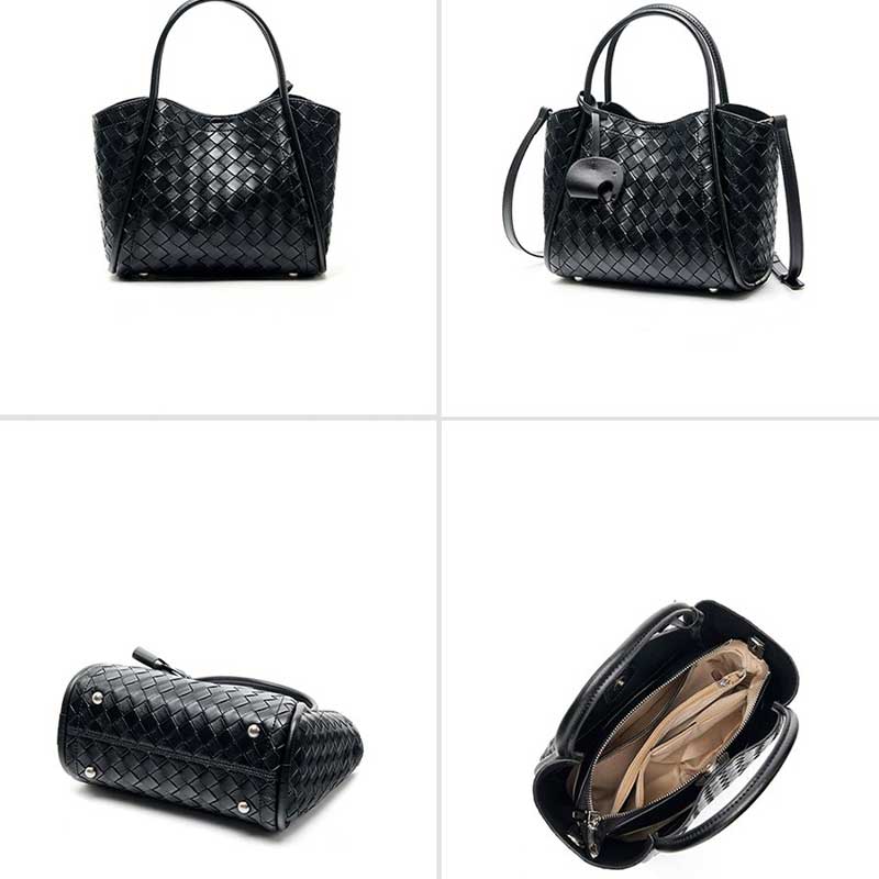 Black woven handbag shown from multiple angles