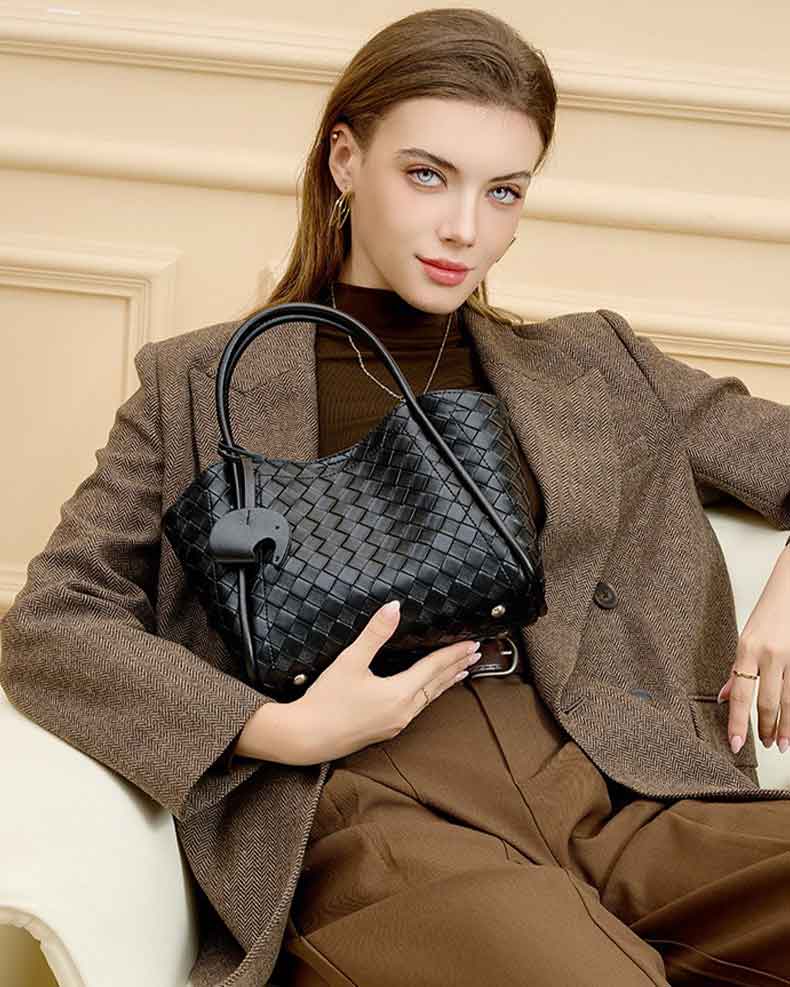 Women's black Genuine Leather Woven Bucket Bag