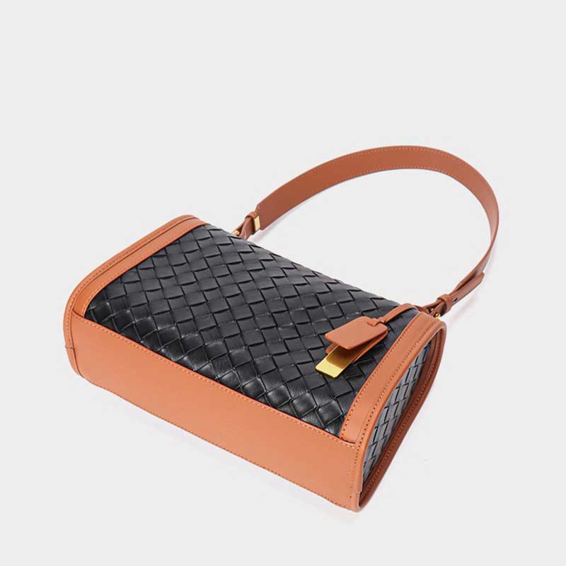 black Genuine Leather Woven Contrast brown Trim Bag