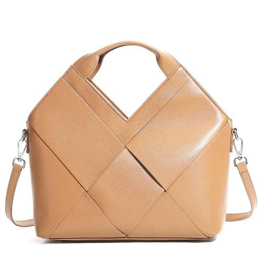 Women's Khaki Genuine Leather Woven Handbag