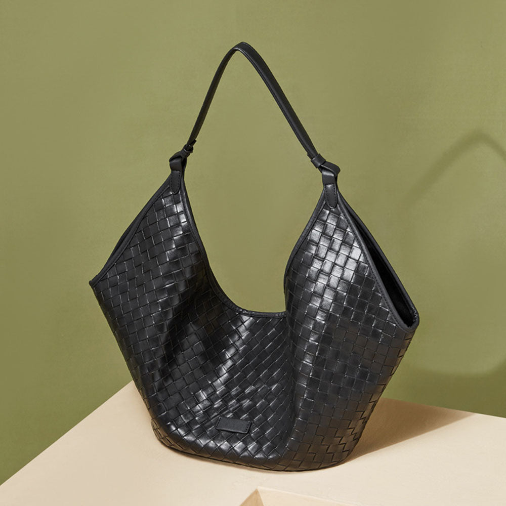 black Genuine Leather Woven Shoulder Bags Large Tote Bag