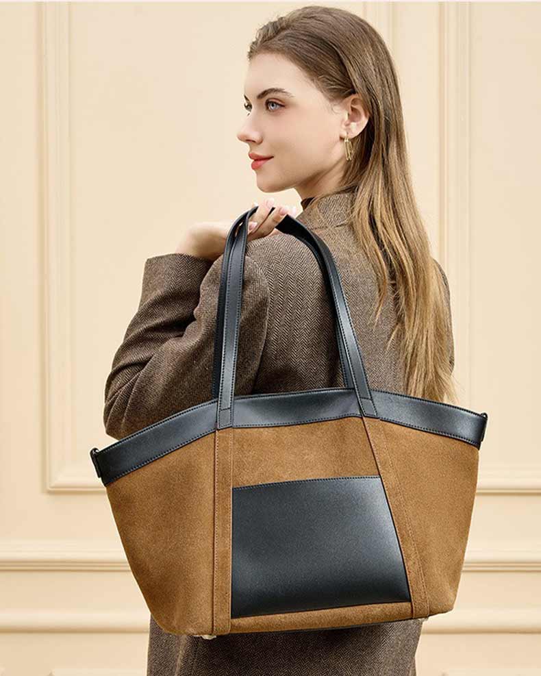 Women caramel Patchwork black Large Capacity leather and suede tote
