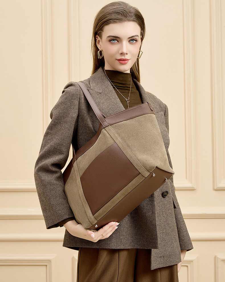 Women's khaki Large Capacity Suede Leather Tote Bag
