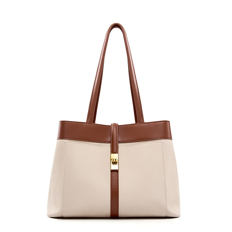 beige Large Cowhide Tote Bag with Twist Lock
