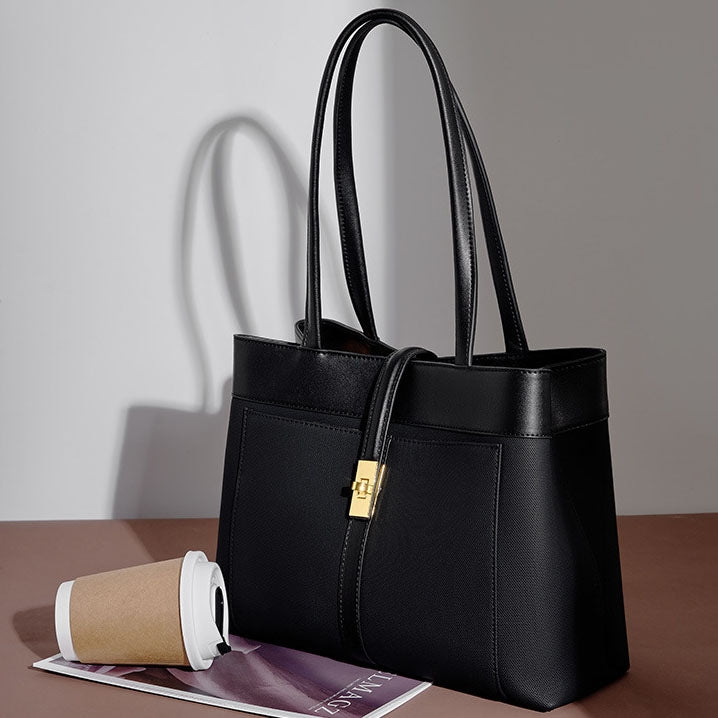 black Large Cowhide Tote Bag with Twist Lock