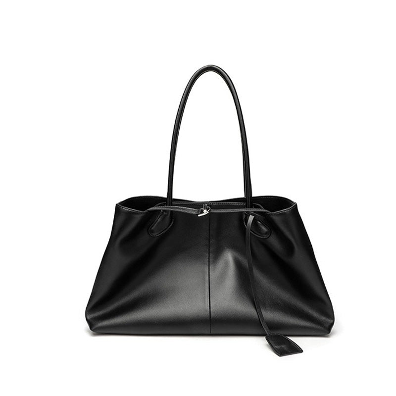 black Minimalist Genuine Leather Large Capacity Tote Bag
