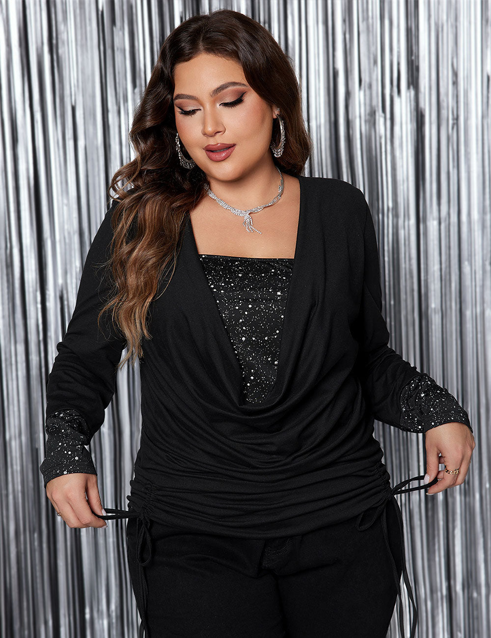 Womens Plus Size Draped Collar Glitter Panel Long sleeve Tee | PRUSES-3