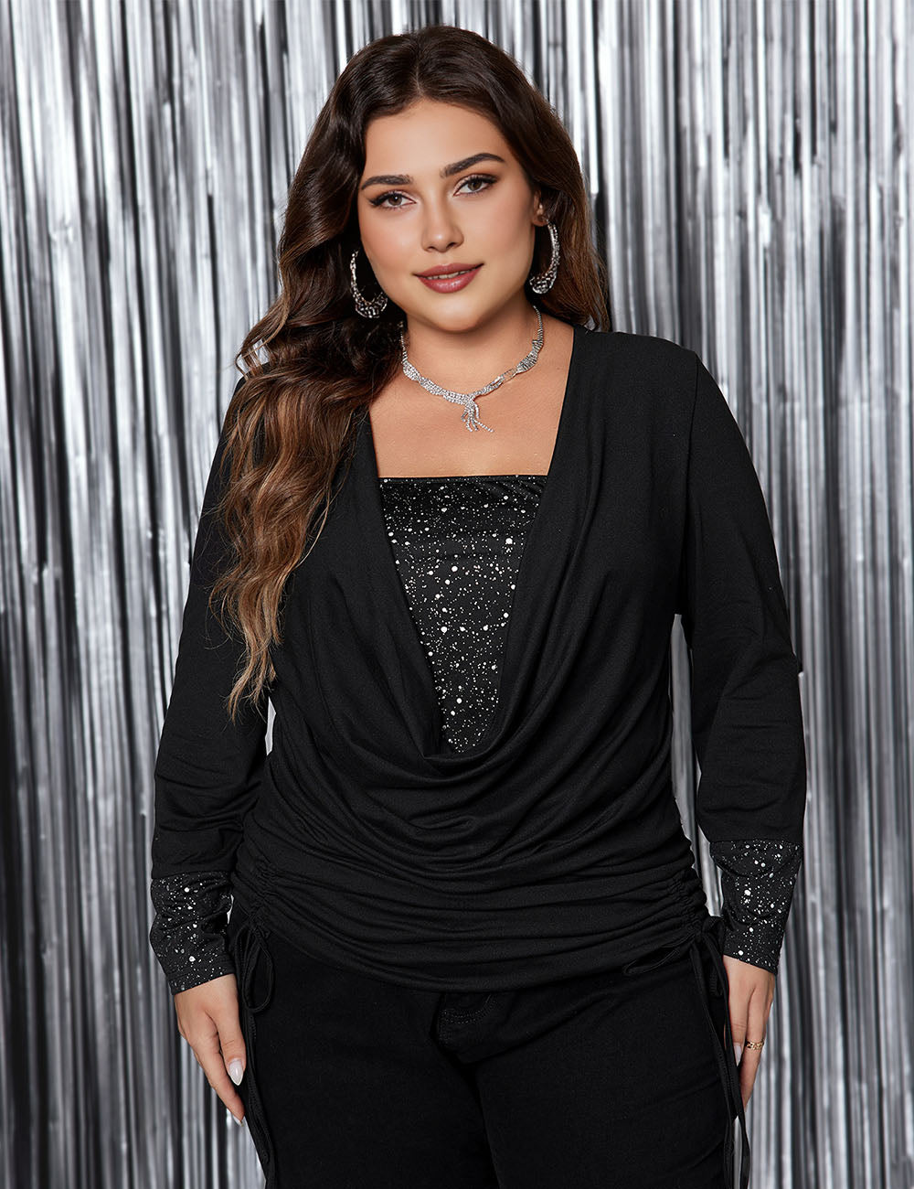 Womens Plus Size Draped Collar Glitter Panel Long sleeve Tee | PRUSES-4