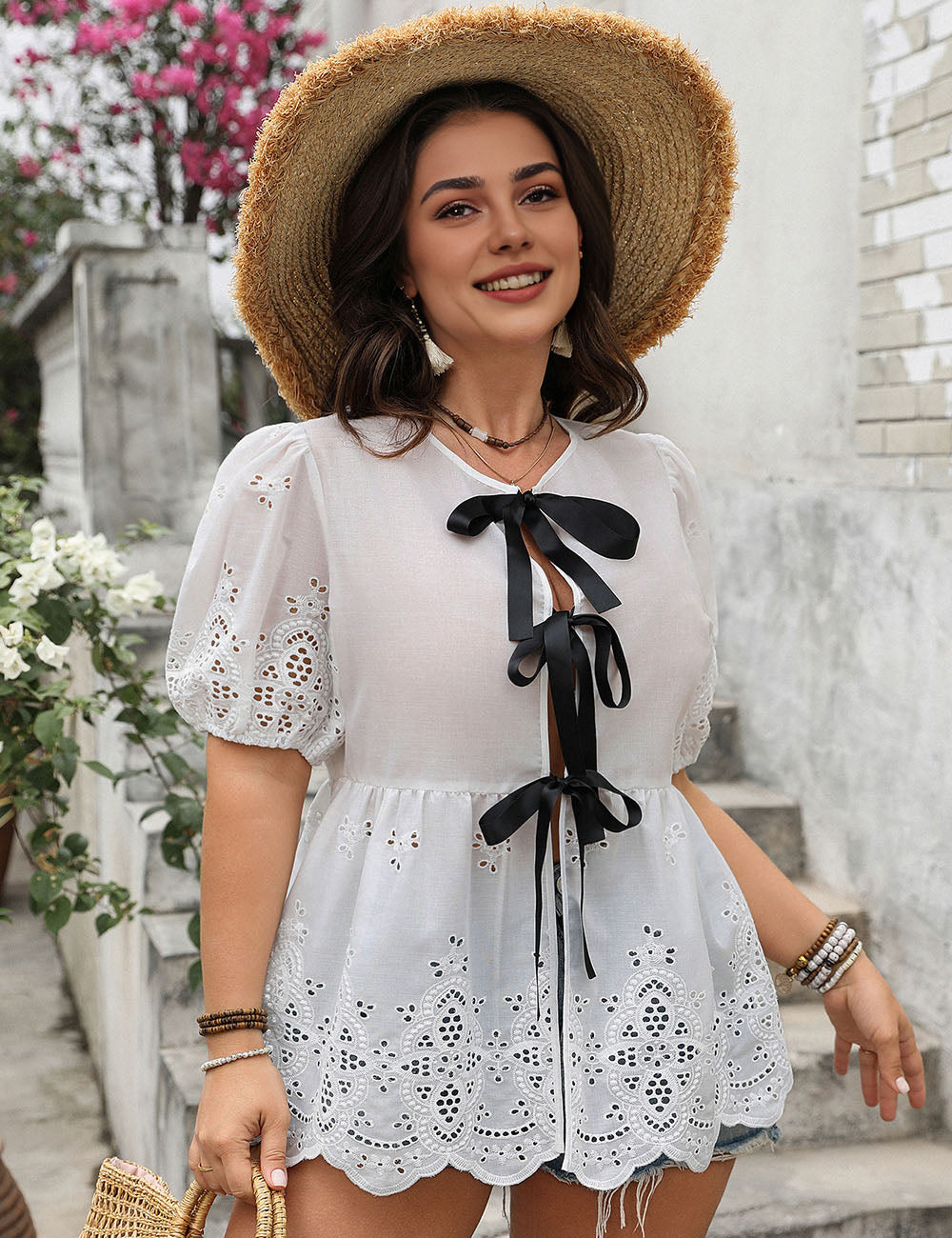 Womens Plus Size Eyelet Top With Bows | PRUSES-3