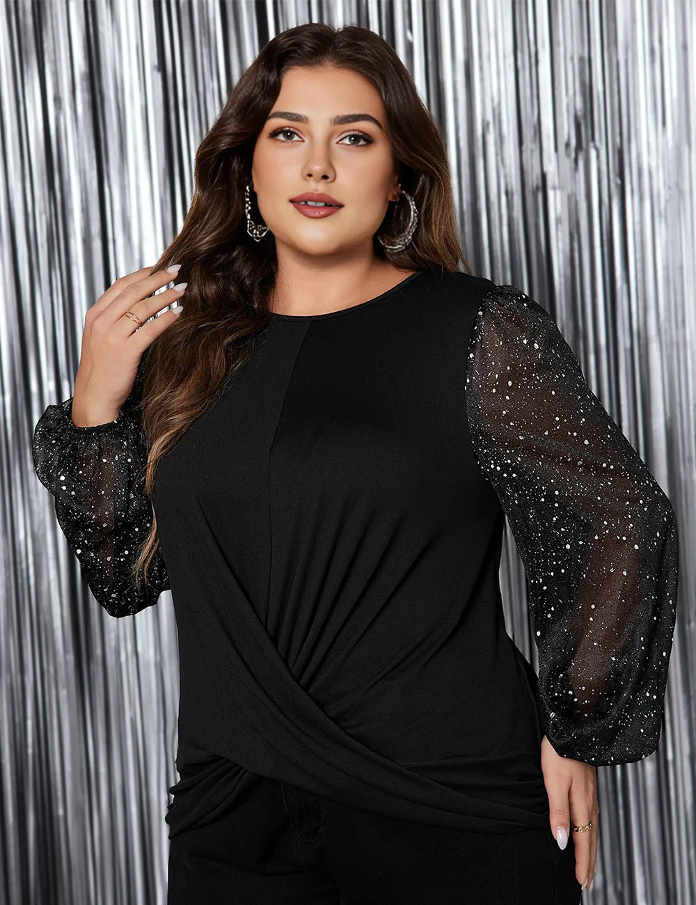 Womens Plus Size Tops Sequin Long Sleeve Blouse | PRUSES-2
