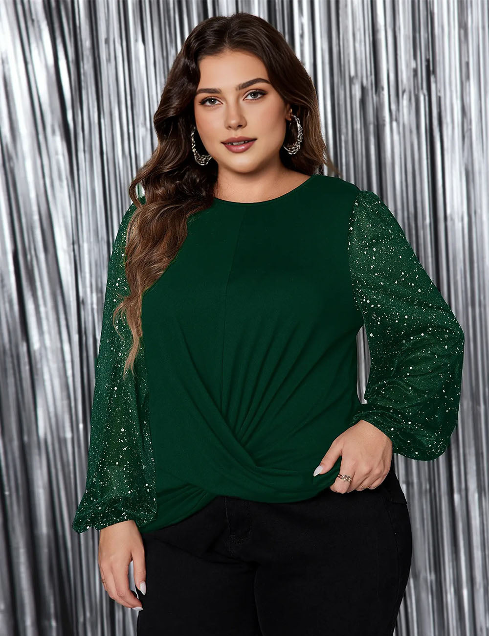 Womens Plus Size Tops Sequin Long Sleeve Blouse | PRUSES-3