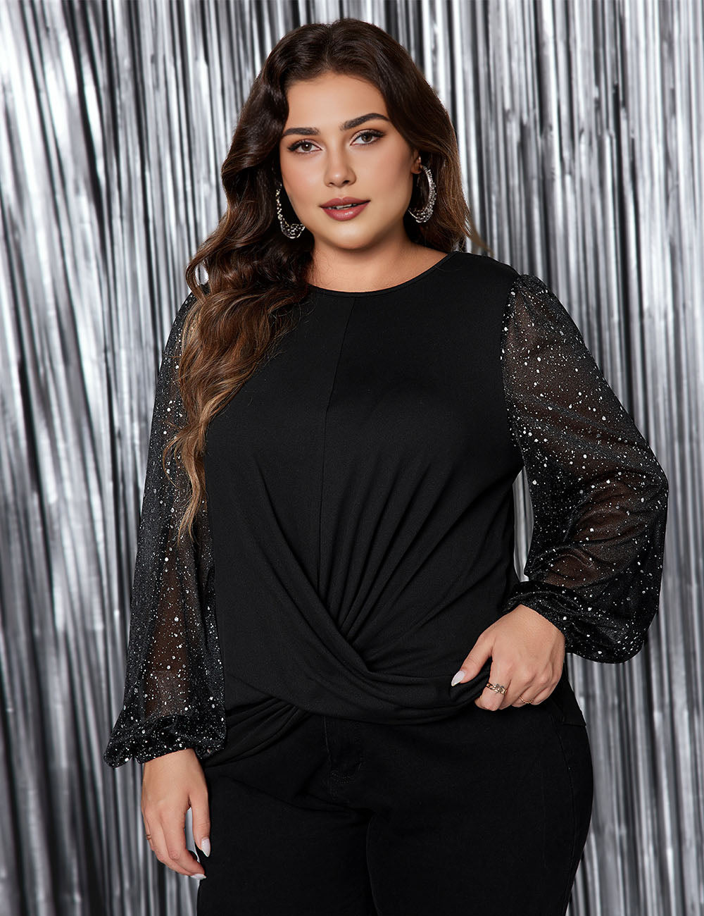 Womens Plus Size Tops Sequin Long Sleeve Blouse | PRUSES