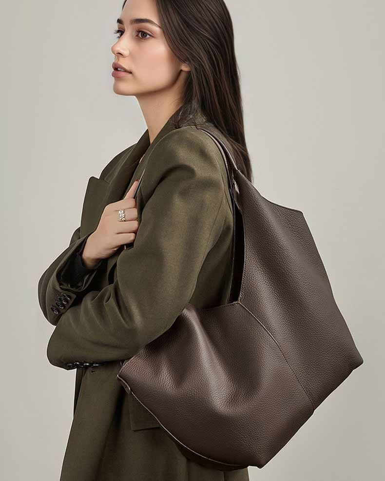 Women's coffee Leather Slouchy Hobo Bag