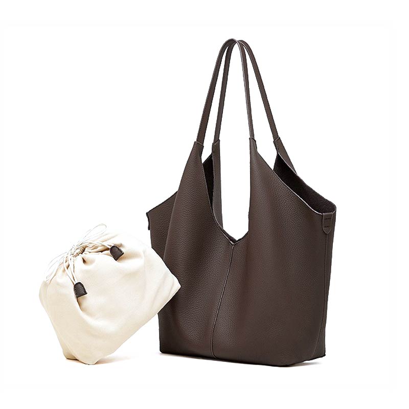 coffee leather tote bag and white drawstring pouch