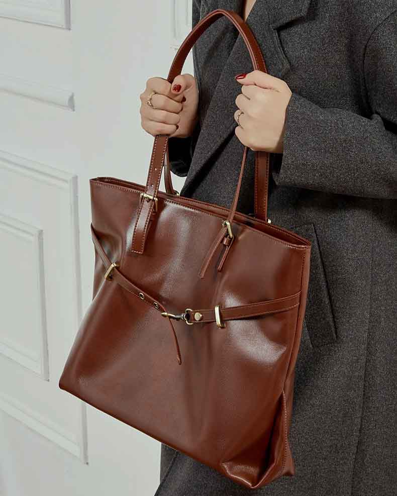 women Chestnut Vegetable-Tanned Leather Large Tote Bag