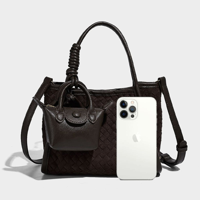 coffee woven handbag with a white phone