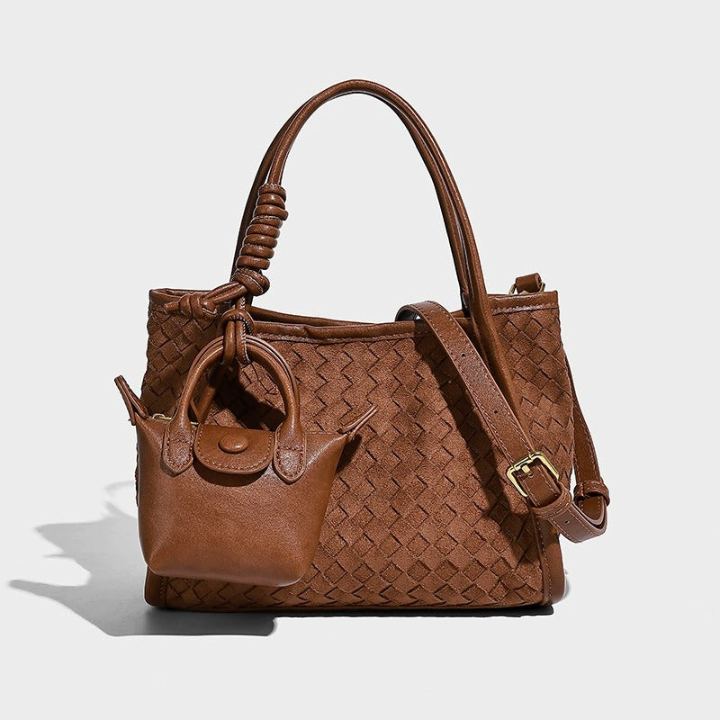 Brown woven handbag with a strap