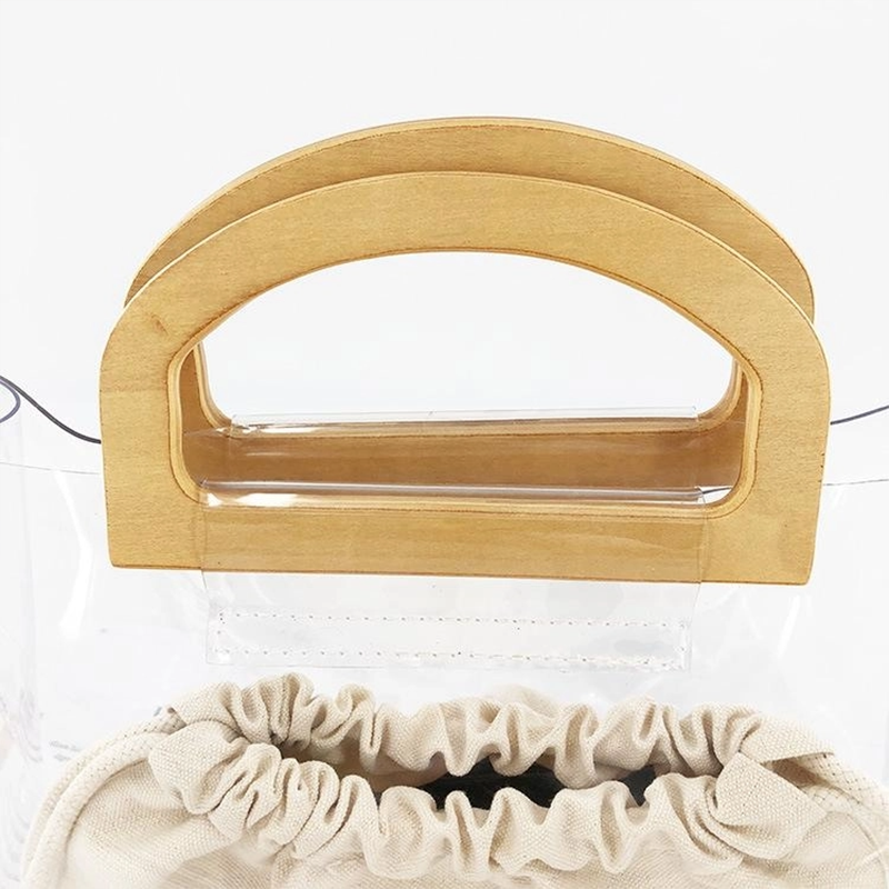 Wood Handle Horizontal Clear Handbags Tote with Inner Pouch | PRUSES-4