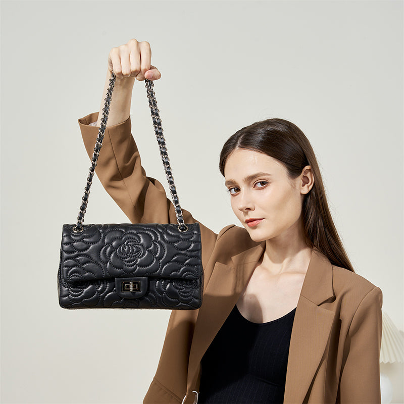 black_leather_flower_embossed_chain_bag_quilted_shoulder_bags_4