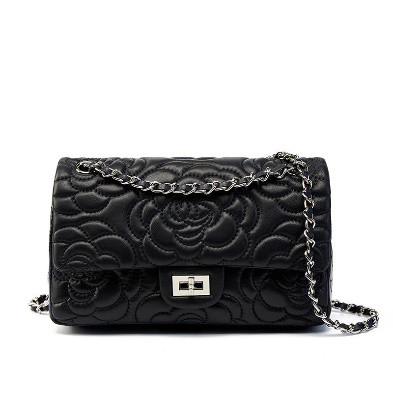 black_leather_flower_embossed_chain_bag_quilted_shoulder_bags_5
