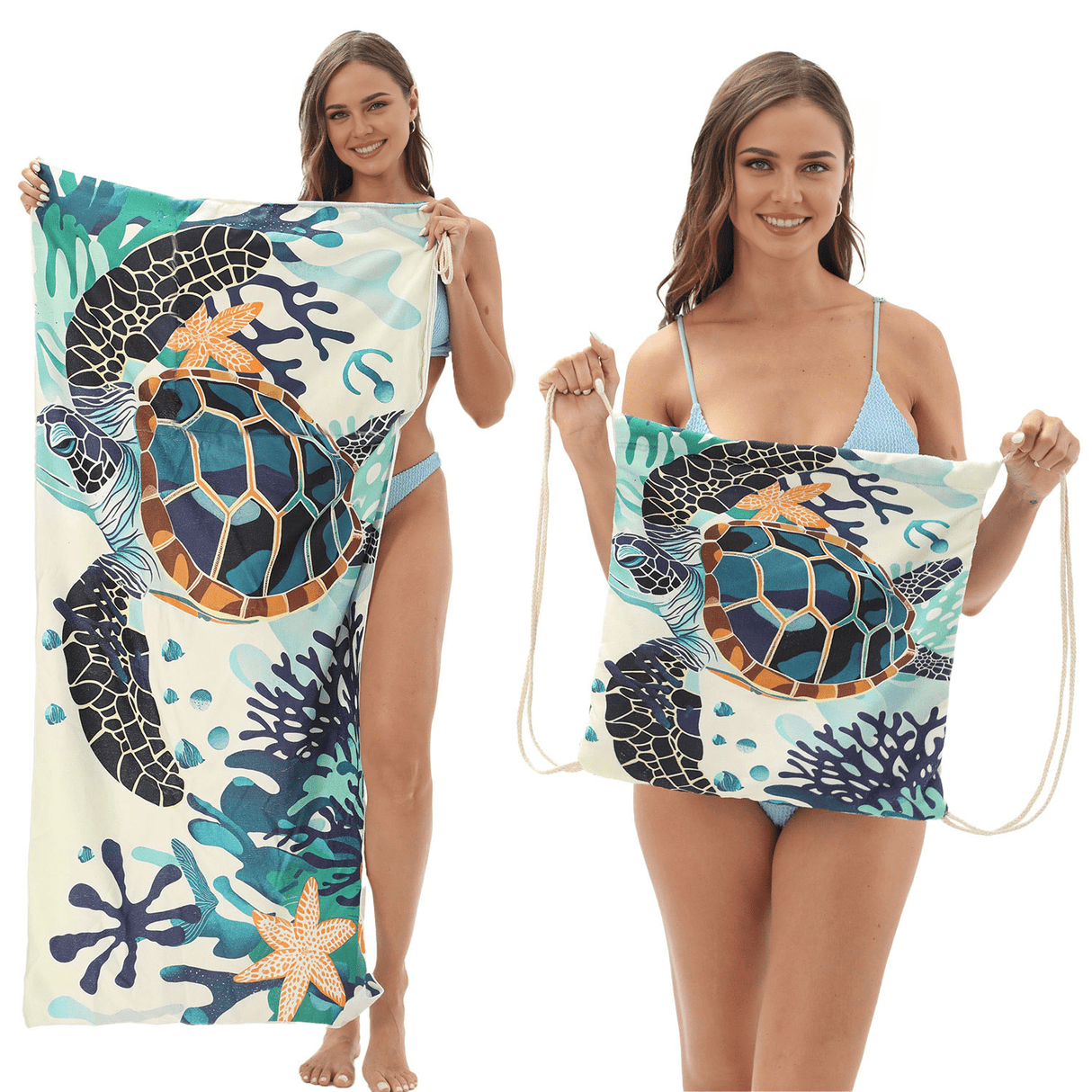 Coral Turtle Drawstring beach towel | PRUSES - PRUSES