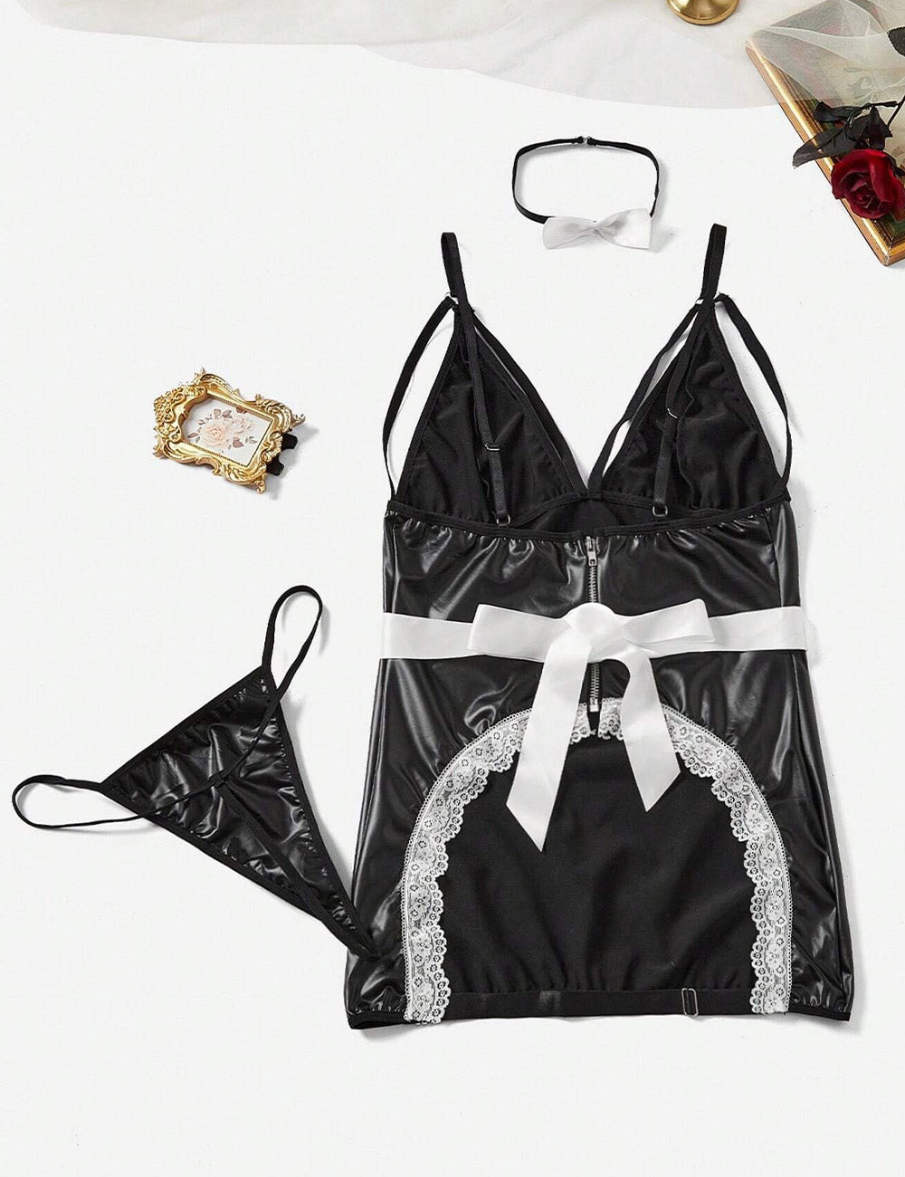 Plus Size Black Faux Leather Cutout Maid Costume Set