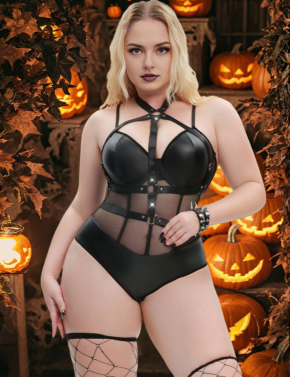 Plus Size Black Gothic Faux Leather Bodysuit