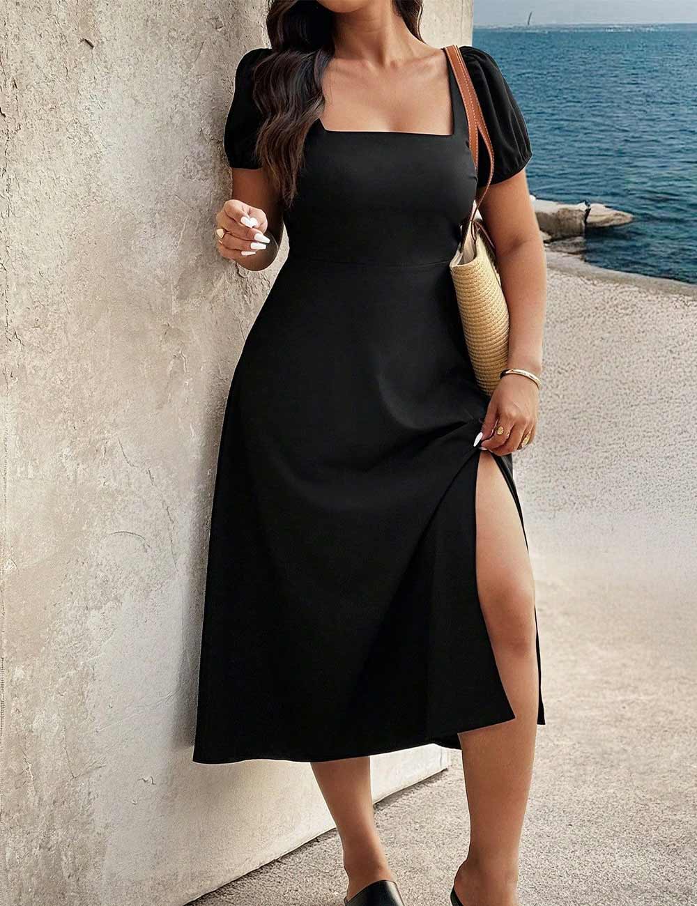 Plus Size Black Square Neck Puff Sleeve Midi Dress