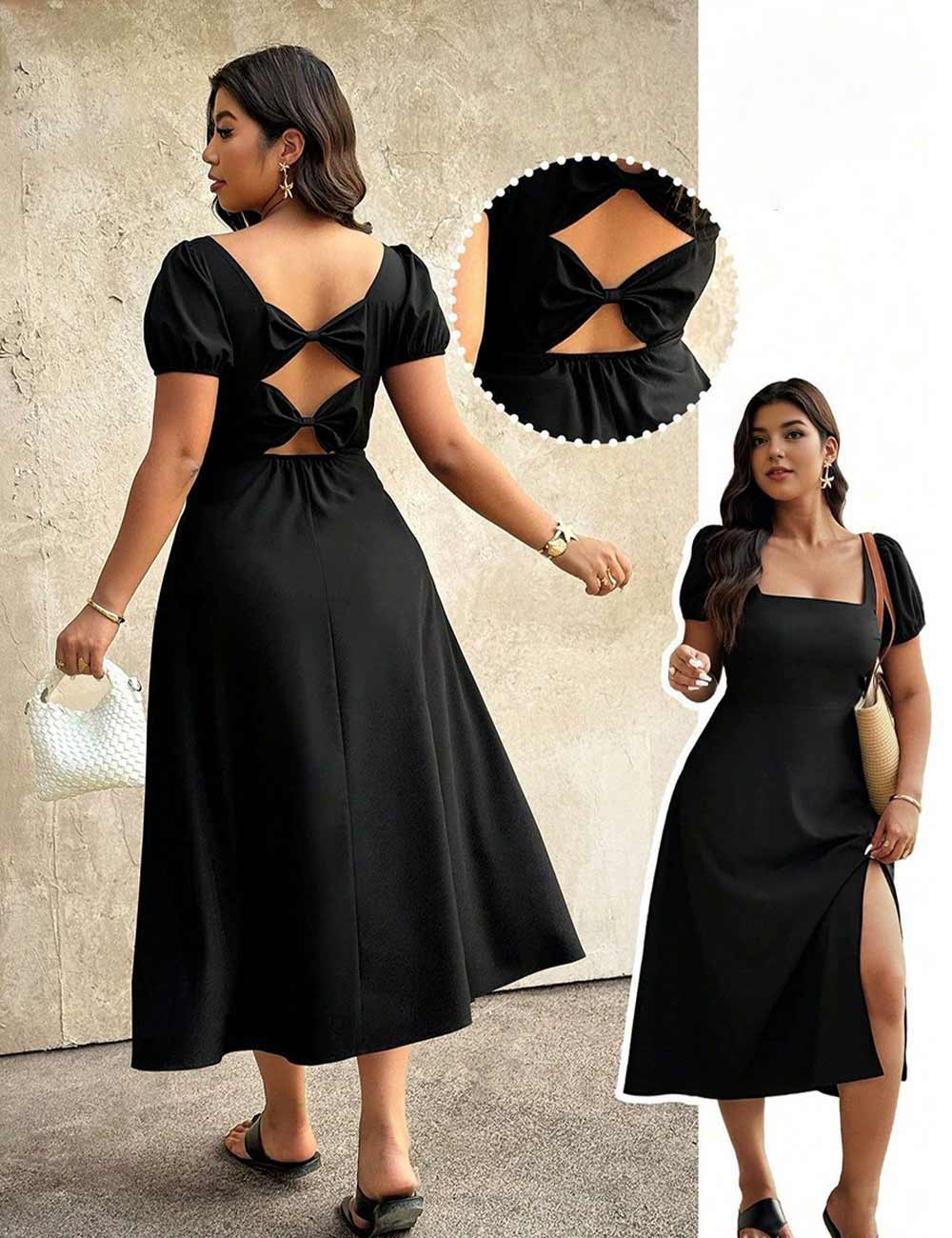 Plus Size Black Square Neck Puff Sleeve Back Bow Cutout Dress