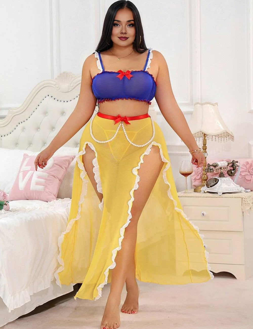 Plus Size Blue and Yellow Princess Split Skirt Lingerie Set
