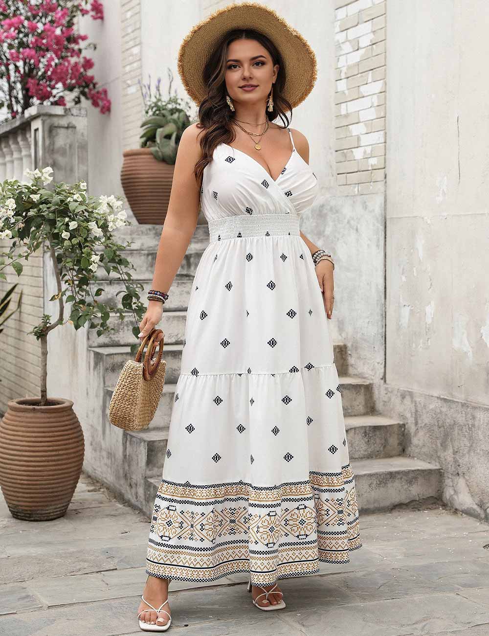 Women Plus Size Boho Floral Spaghetti Strap Maxi Dress
