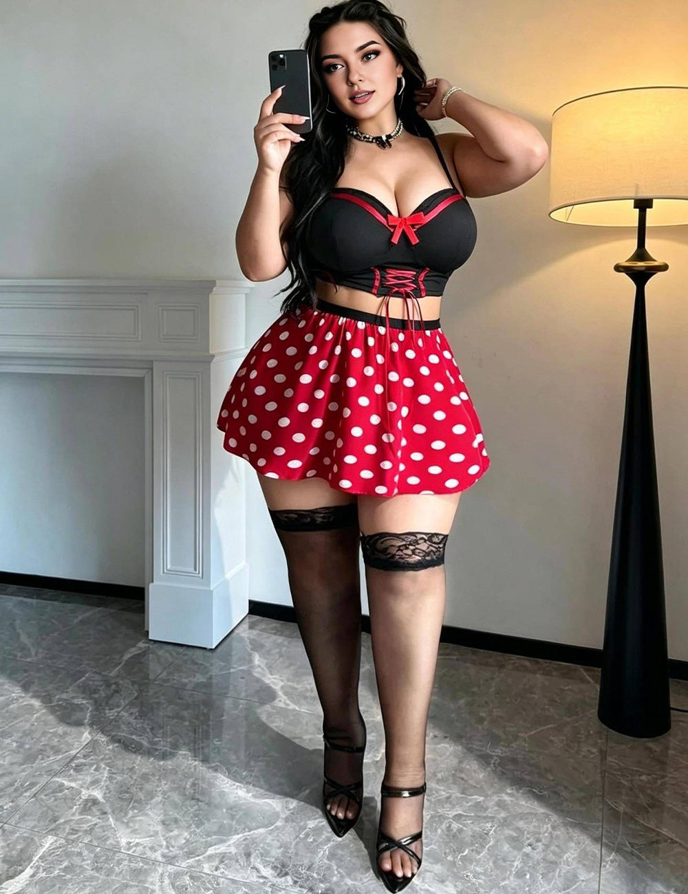 Plus Size Polka Dot Skirt Mouse Costume Lingerie Set