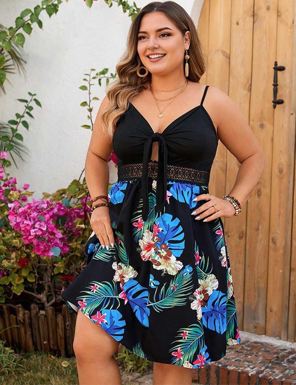 Plus Size Tie-Front Black Spaghetti Strap Dress
